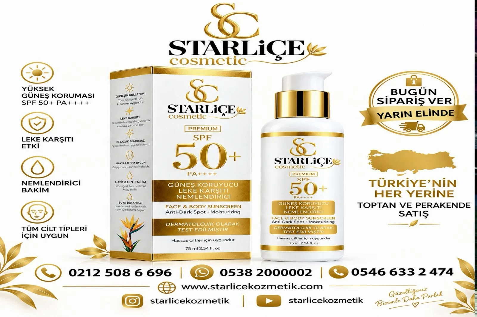 Starliçe Cosmetic Güneş Kremi, Güneş Koruyucu, Leke Karşıtı, Nemlendirici — Starliçe Güzellik salonu